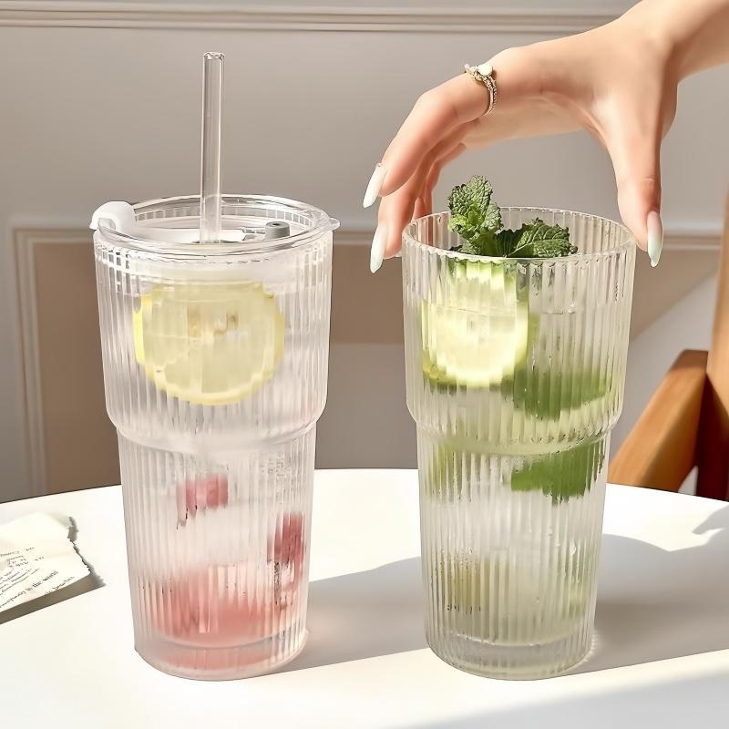600ml Vertical Striped Glass Cup with Lid And Straw Cold Juice Coffee Drinkware Striped Mugs for Hot And Cold Beverages