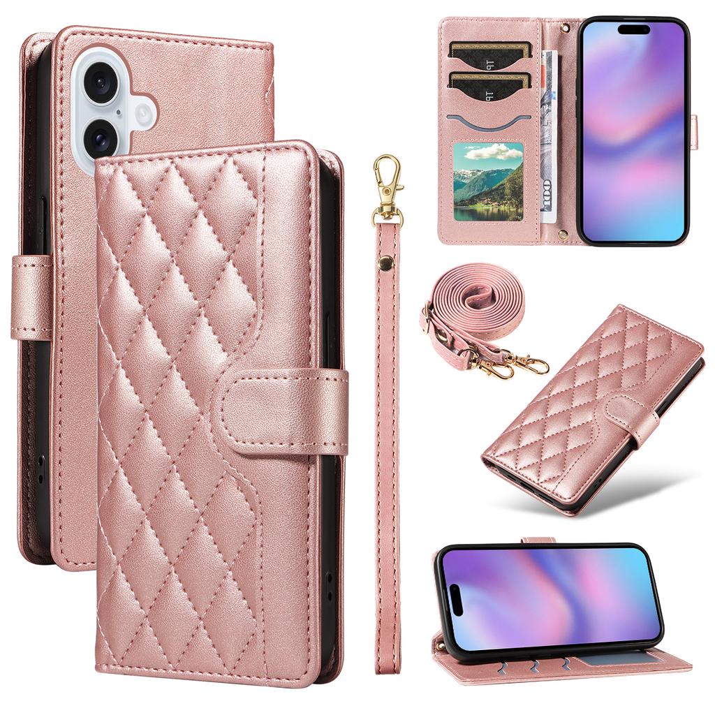For iPhone 17 Wallet Case Rhombus Leather Phone Cover with Strap