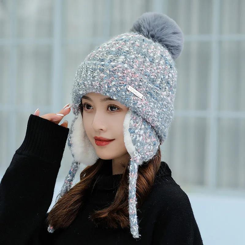 Шерстяная шапка женская зимняя, теплая и для отдыха, плюс бархатные толстые наушники. Милая и универсальная морозостойкая вязаная шапка для езды на велосипеде Lei Feng.