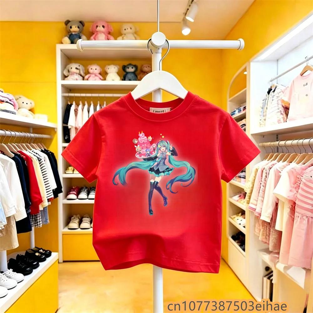 Hatsune Miku Anime Future Peripheral Cartoon Printed Pure Cotton COS Collaboration Casual Tshirt Leisure Wear for Boys Girls