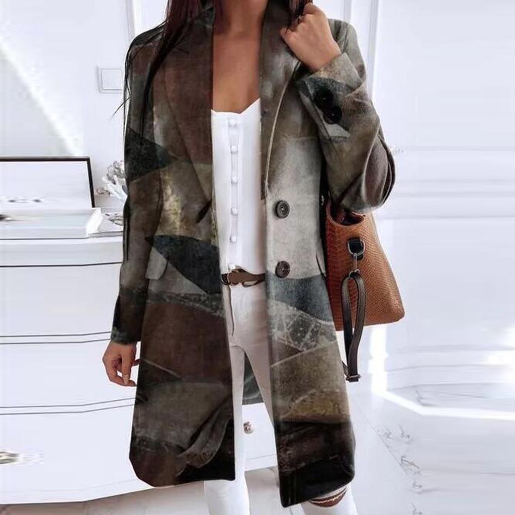 Женская модная свободная шерстяная куртка средней длины на пуговицах с лацканами и принтом