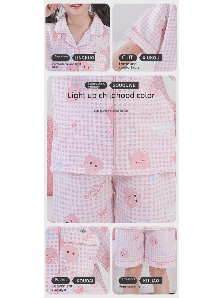 Пижамные комплекты Cross-border Summer Cloud Cotton Cartoon для девочек — топы с короткими рукавами и шорты для детей среднего и старшего возраста.