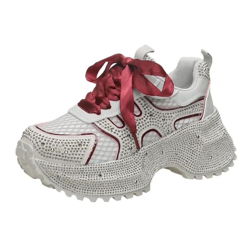 Мода 7см Летние Роскошные Дизайнерские Женские Кроссовки Daddy со Стразами Толстая Подошва Сетка Розовые Милые Женские Тенниски на Платформе Весна