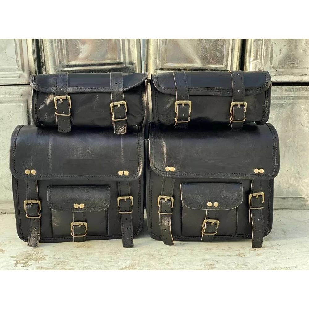 Leather Motorcycle Saddle Bags 4 Black Leather Side Pouch Panniers 4 Bags Combo