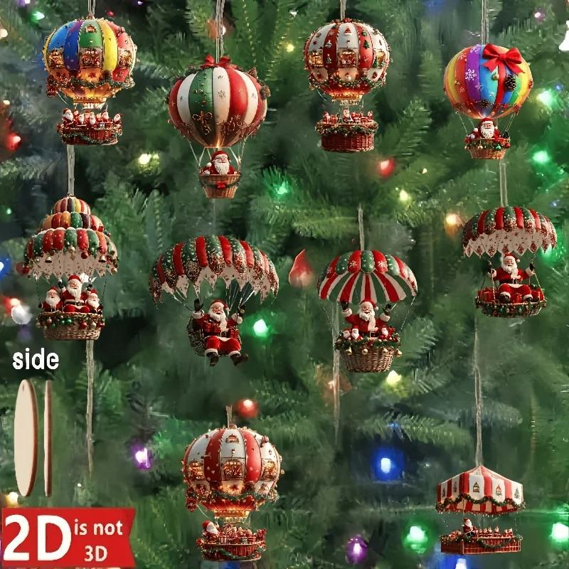 New Year 10Pcs Christmas Wooden Hot Air Balloon Santa Claus 2D Flat Wooden Pendant Christmas Tree Decor Perfect Gift Decor 2026