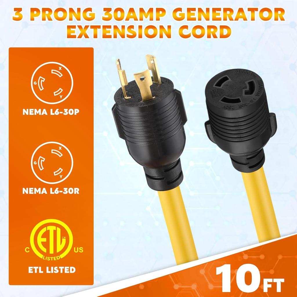 Удлинитель для генератора NEMA L6-30, вилка L6-30P (папа) на розетку L6-30R (мама), 3-контактный, 30 Ампер, блокирующийся шнур питания для генератора, 3x12 AWG,