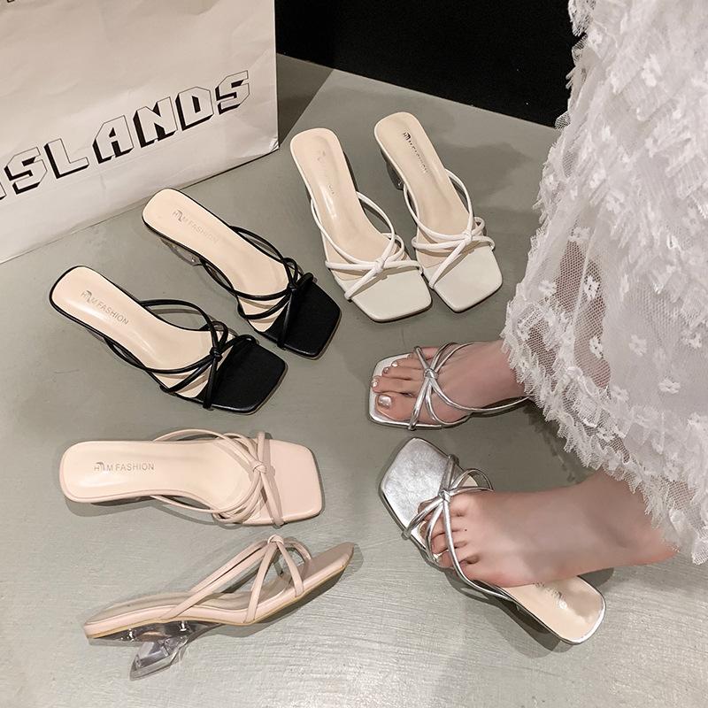 Cool Slippers Summer Outer Wear Women's Shoes 2025 New Silver Square Head with Skirt Thick Heel Slippers
