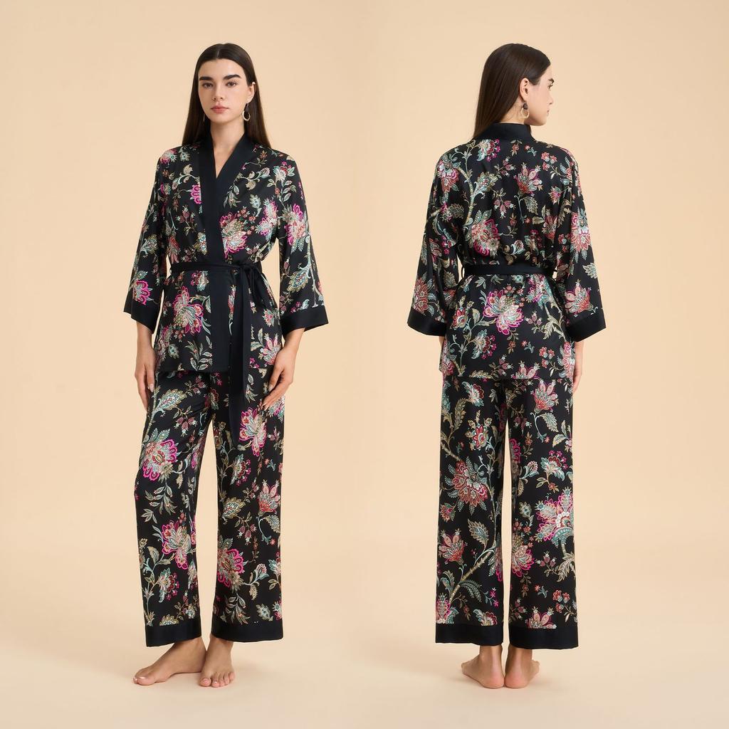 New high-end long-sleeved cardigan pajamas women's spring and autumn flower printing satin chiffon loungewear set TZ1000