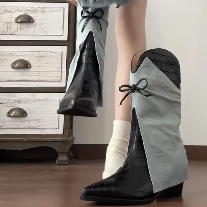 2025 Новые Осенне-Зимние Женские Ботинки в Стиле Вестерн Ковбойские Винтажные Ботинки с Острым Носком Женские Ботинки на Толстом Каблуке Короткие Боты Zapatos De Mujer