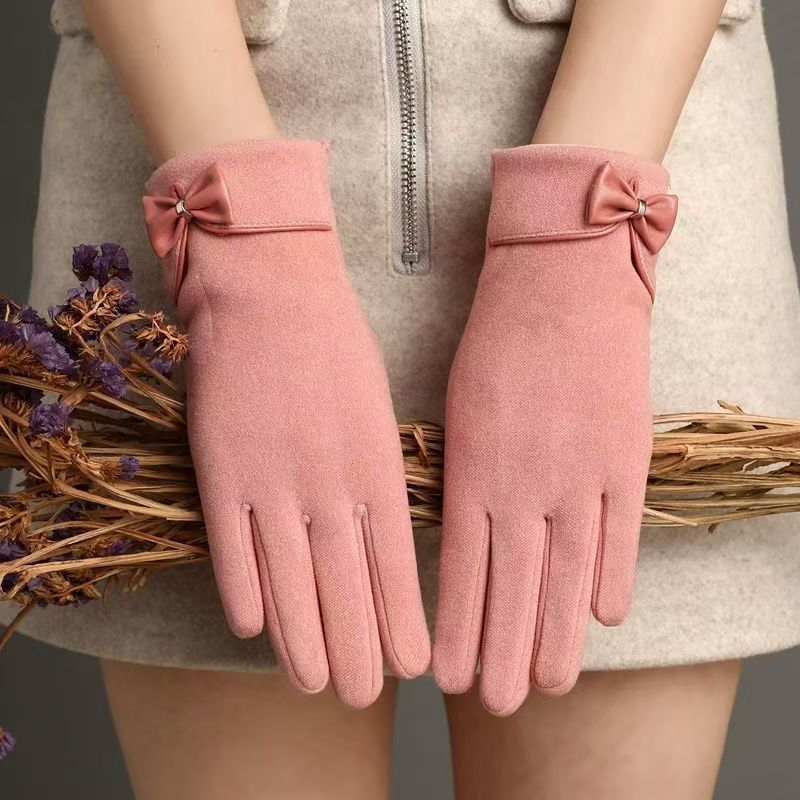 Теплые перчатки женские бархатные утолщенные ветрозащитные для улицы для верховой езды модные милые с бантом осенне-зимние перчатки