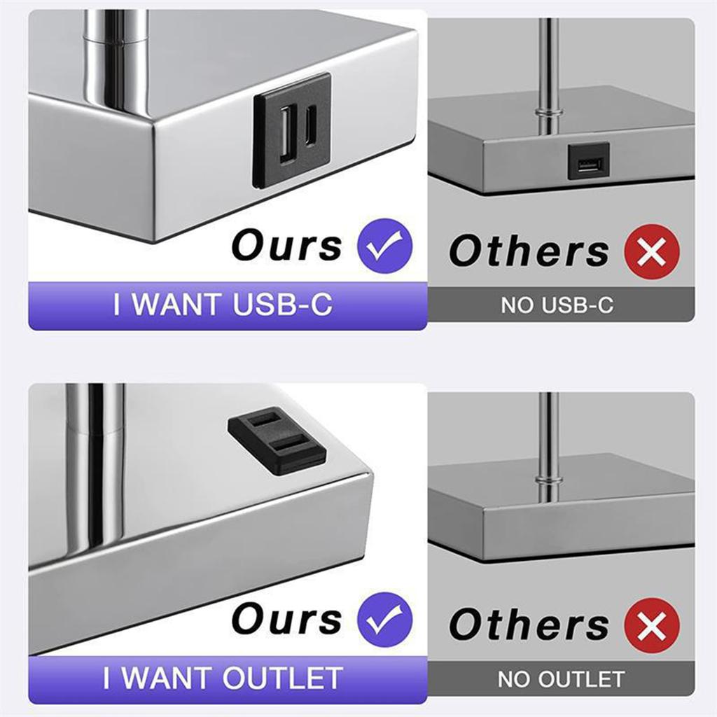 Fabric Bedside Table Lamp Nightstand Lamp with Warm White LED Bulb Desk Light Touch Control USB A