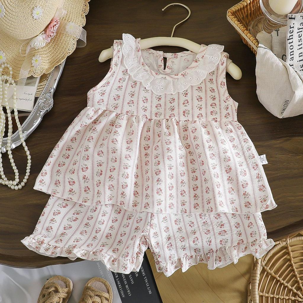 Girls Summer Sweet Princess Sleeveless Top With Lace Trim Shorts Doll Collar Vest Dress Two Piece Set