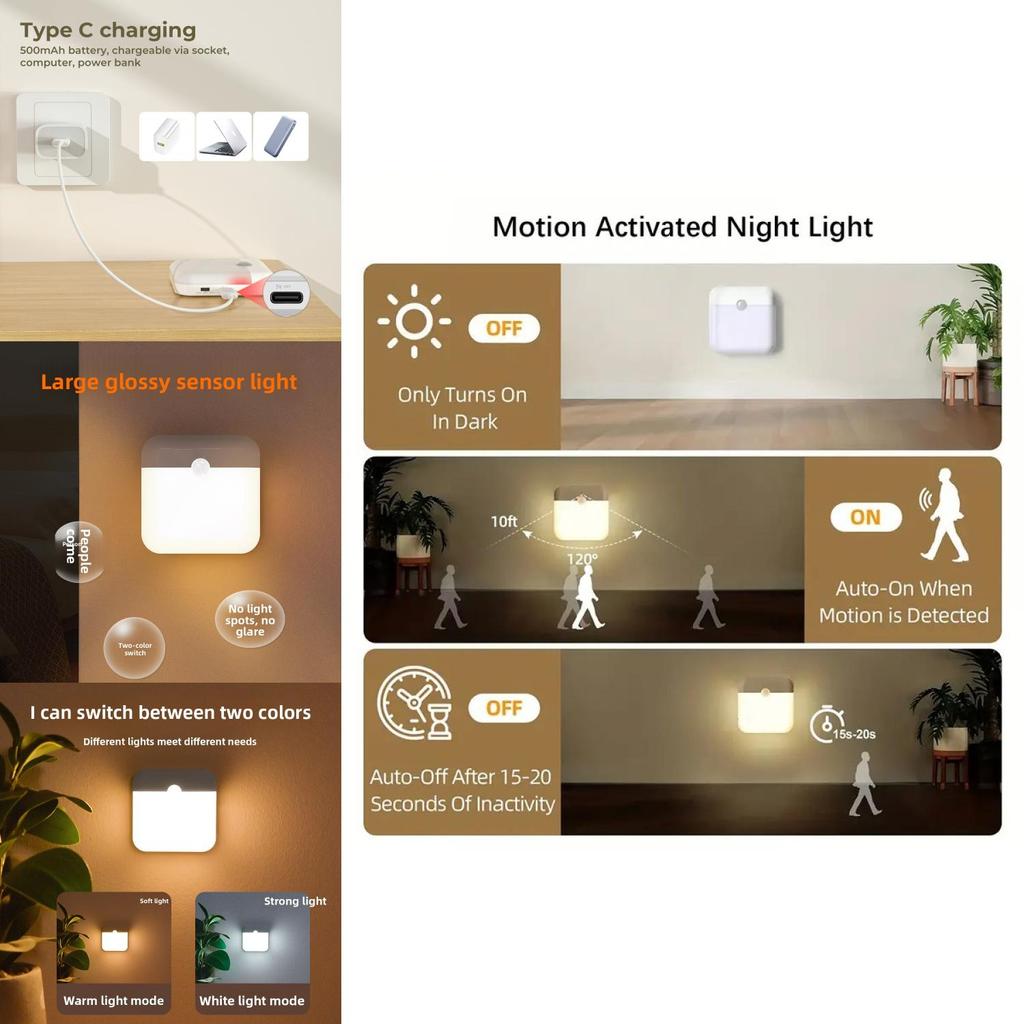 Geometric Portable Night Lamp With Motion Sensing And Warm White Light For Home