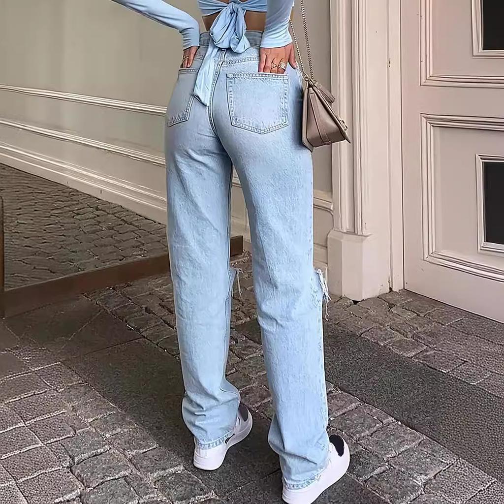 Женские удобные свободные джинсы с высокой талией и широкими штанинами. Женские тонкие повседневные брюки с рваными краями.