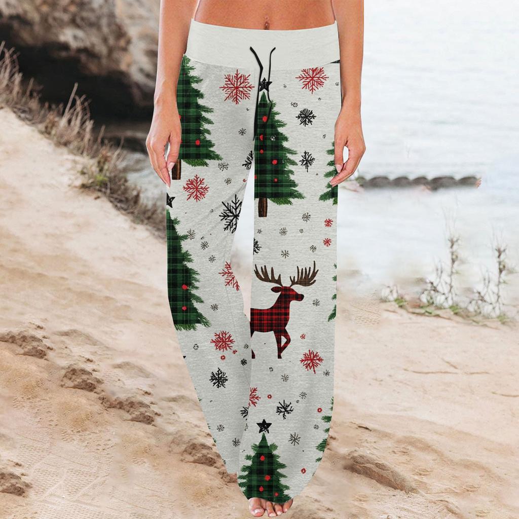 Women's Fashion Casual Comfortable Pajama Pants Christmas Print Drawstring Wide Leg Pants