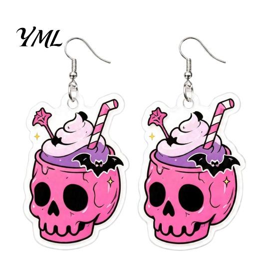 Trendy Cartoon Jewelry 1 Pair Halloween 2D Acrylic Earrings for Women, Spooky Pumpkin Skull Unique Holiday Gifts Friends Black Cat Dangle Drop