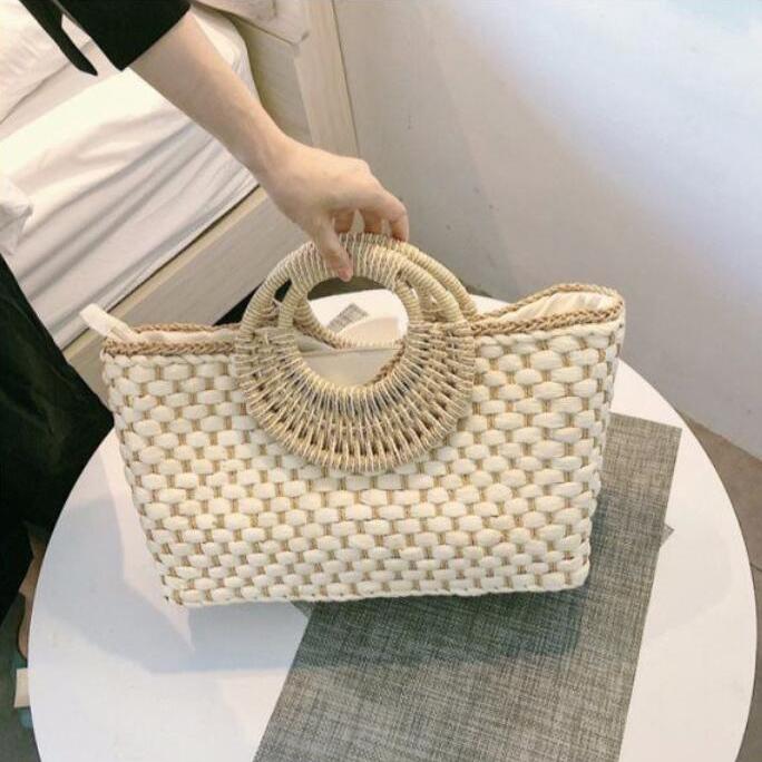 Винтажная плетеная сумка ручной работы Женская летняя сумка большой вместимости для пляжа Плетеная сумка-тоут для отпуска Сумка с ручкой из ротанга Трикотажная сумка-тоут CLE