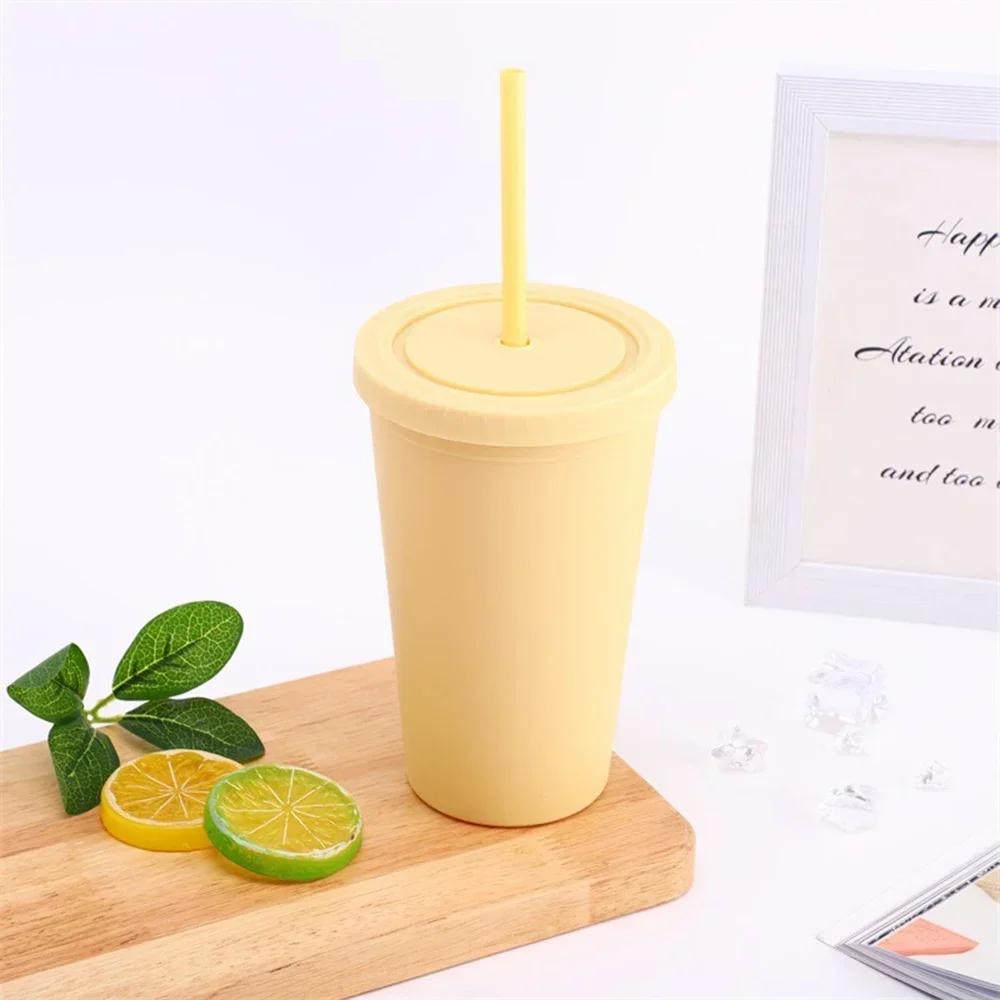 Candy Color Double-layer Plastic Straw Cup Coffee Cup Plastic Frosted Handy Water Cup Easy To Carry Straw Kettle Sports Bottle