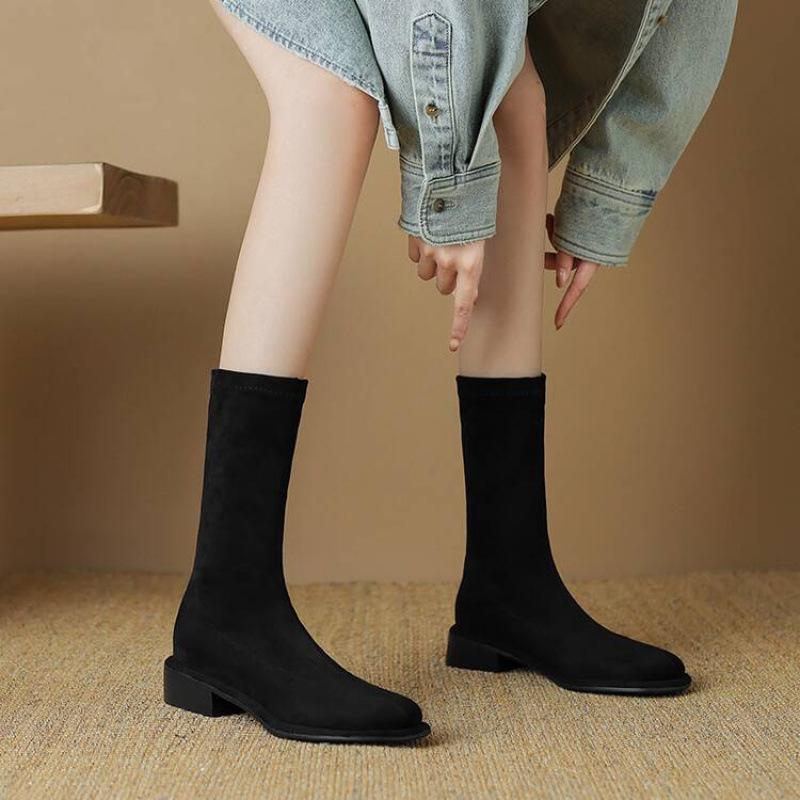 Осень и зима удобные замшевые эластичные полусапоги женские резиновая подошва квадратный каблук кожаные сапоги квадратный носок корейская версия новый knig
