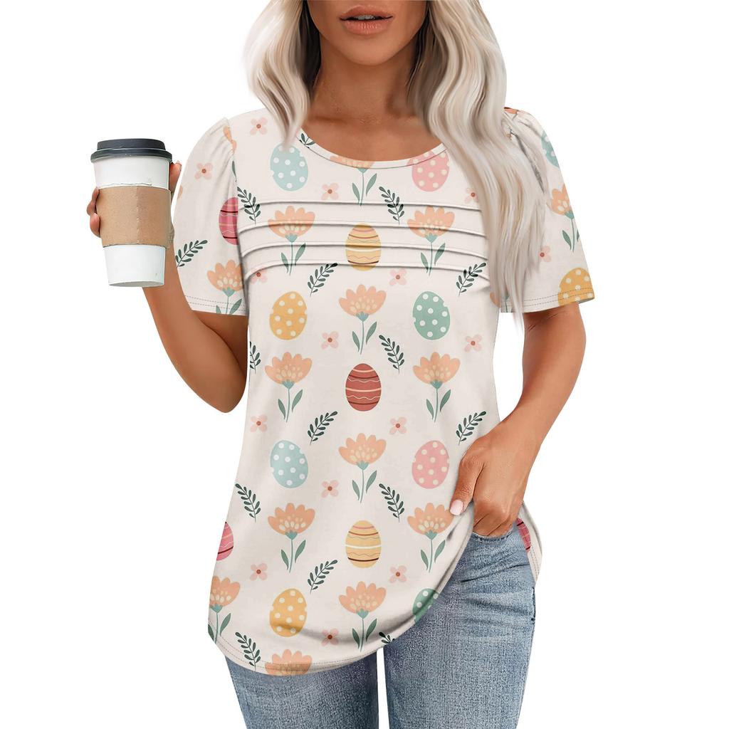 Ladies' Fashionable Printed Round Neck Pleated Short Sleeved Shirt
