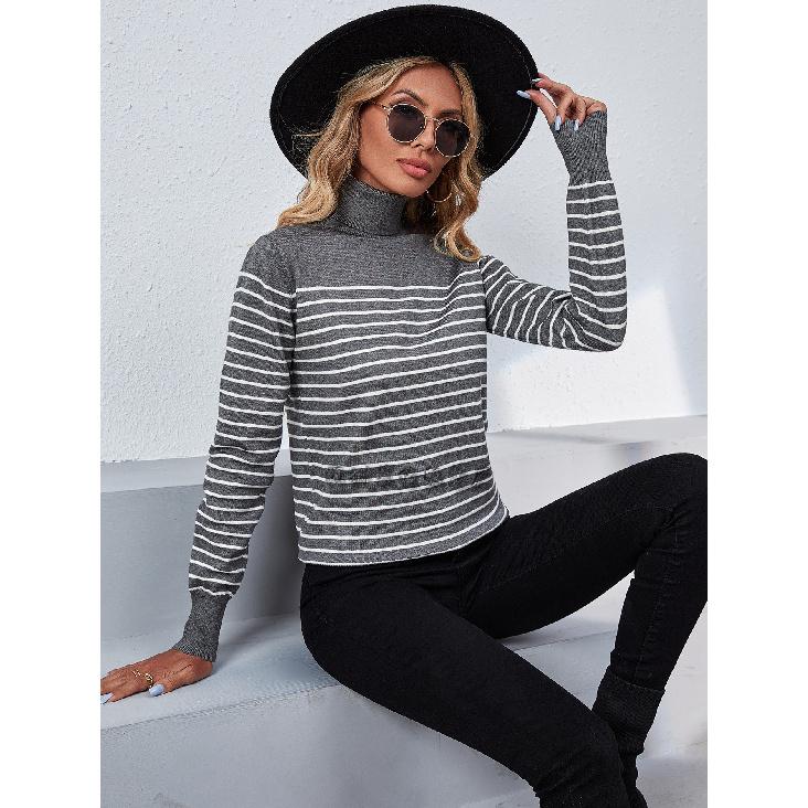 2024 Европейский и Американский Осень-Зима Новый Полосатый Женский Свитер С Высоким Воротником Полосатый Пуловер Вязаный Свитер