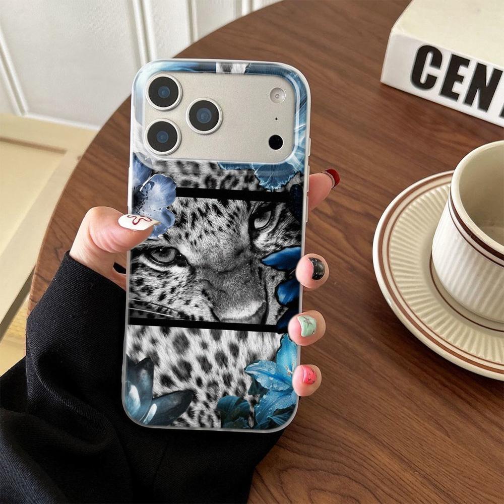 Phone Case For iPhone 17 17Air 16 15 14 13 12 11 Pro Max Blue Flower Wild Leopard Transparent border silicone Soft Cover Funda