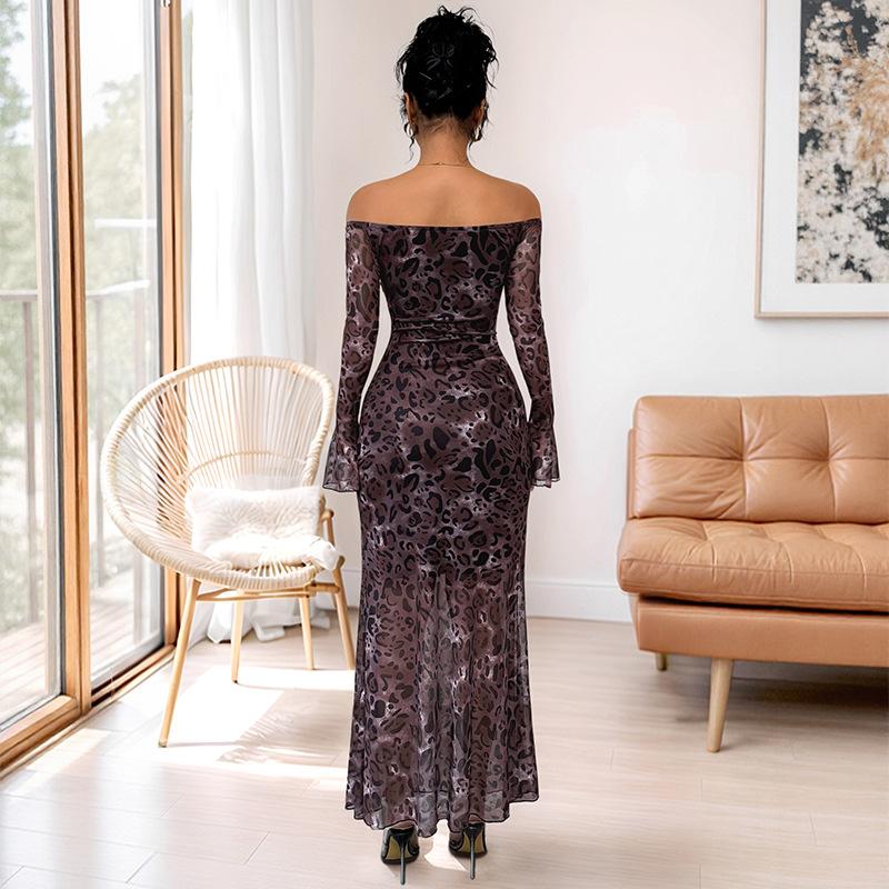 Новое вечернее элегантное платье в стиле ретро, длиной до колена, с открытыми плечами, длинными рукавами, из сетки с леопардовым принтом для женщин, высокое качество