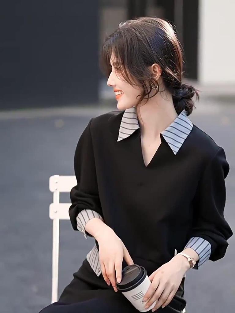 Internet Celebrity Patchwork Shirt Collar Sweatshirt & Midi Skirt Set for Women - Autumn Casual Two-Piece Ensemble