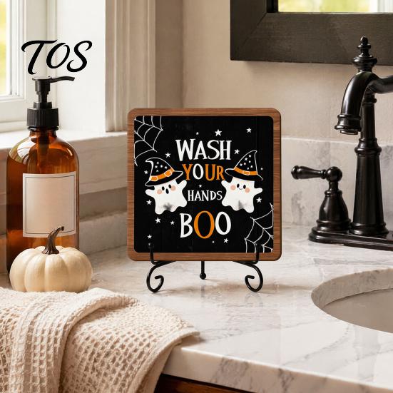 Decorative Table Sign Halloween Wooden Sign, Cute Ghost Boo Plaque with Retro Wood Grain Metal Stand for Indoor Desk Shelf Home Decor Autumn Festive