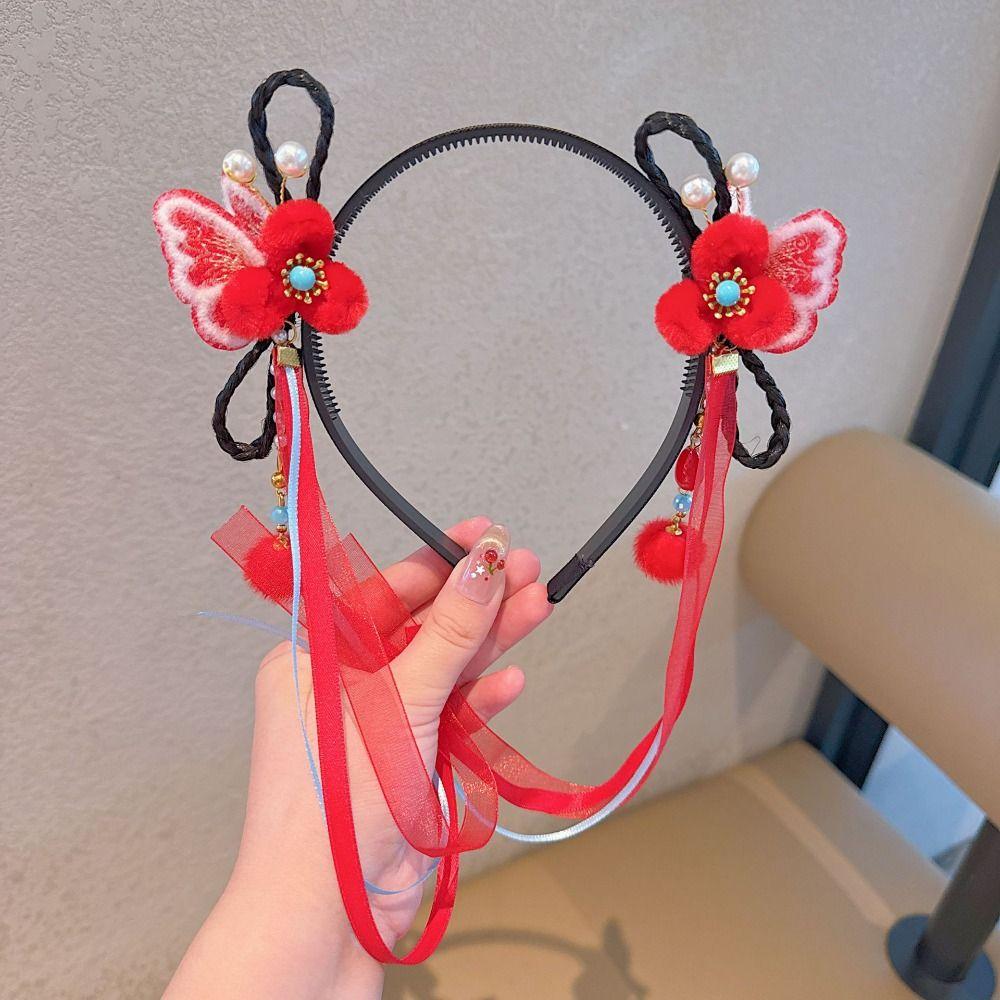 Tassel Chinese New Year Headwear Butterfly Ancient Style Red Hairband Children Wig Headband  Daily