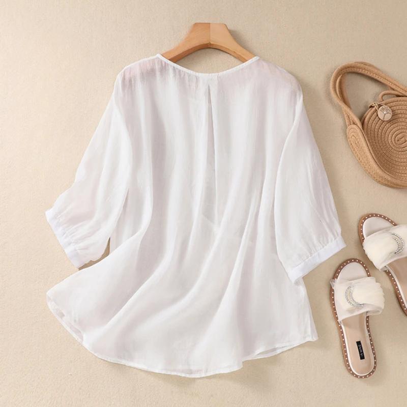 Женские блузки в китайском стиле из хлопка и льна с коротким рукавом и принтом, свободный топ, винтажная женская одежда, лето