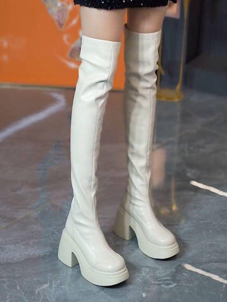 Fashion Womens Thick-heeled Over-the-knee Boots High Heeled High Quality Fad White Long Boots Women Heightened Elastic Boots Boats Mujer