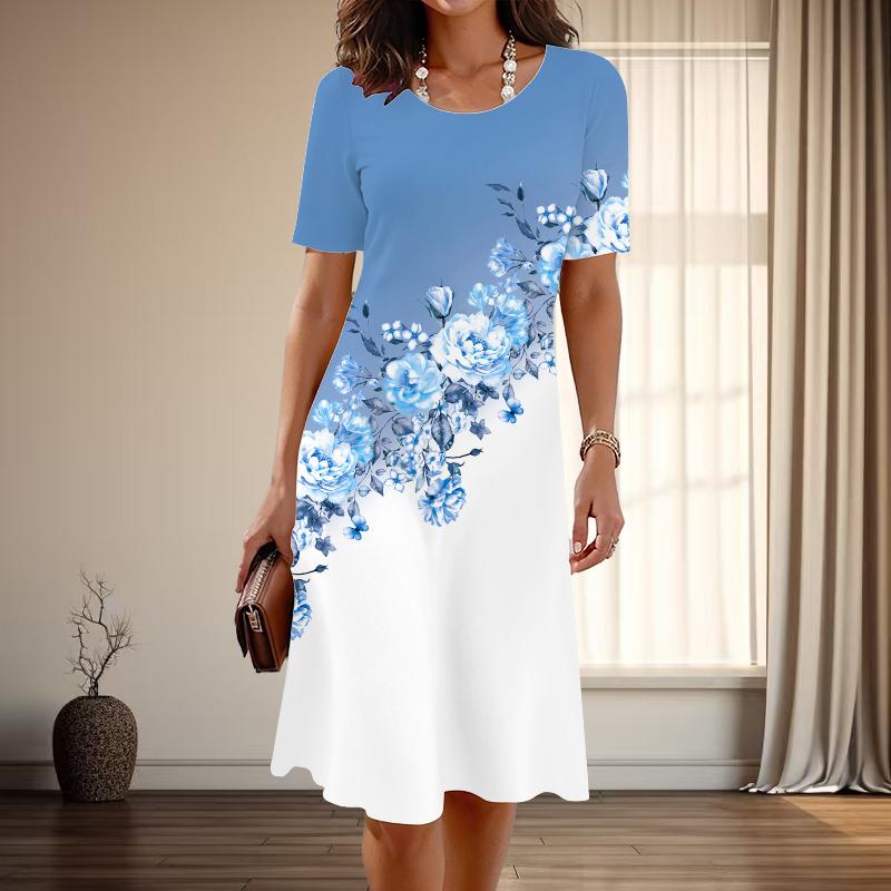Women's Fashion Graceful Flower Print Summer Spring Short Sleeve O-Neck Casual Dresses