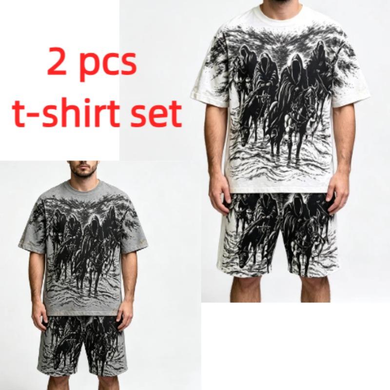Summer Fashion Gothic Style Vintage Death Knight Printed Round Neck Short Sleeved T-Shirt And Shorts Set Men's and Women's T-shirt Shorts Set