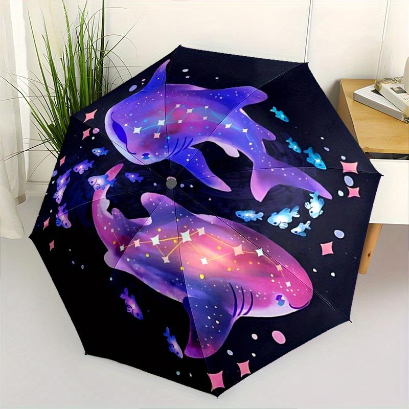 1pc Two Whale Sharks Cartoon Umbrella, Portable 3-Fold Compact Umbrella, Suitable for Camping, Hiking and Travel, Ideal Easter Birthday Gift for