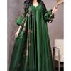 Vintage Printed Dress Women Breathable Loose Middle Eastern Robe Casual Long Sleeve Abaya V Neck Loose Muslim Abayas Women