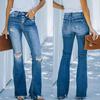 Ripped Raw Edge High-Waisted Slimming Breasted Flared Women's Jeans