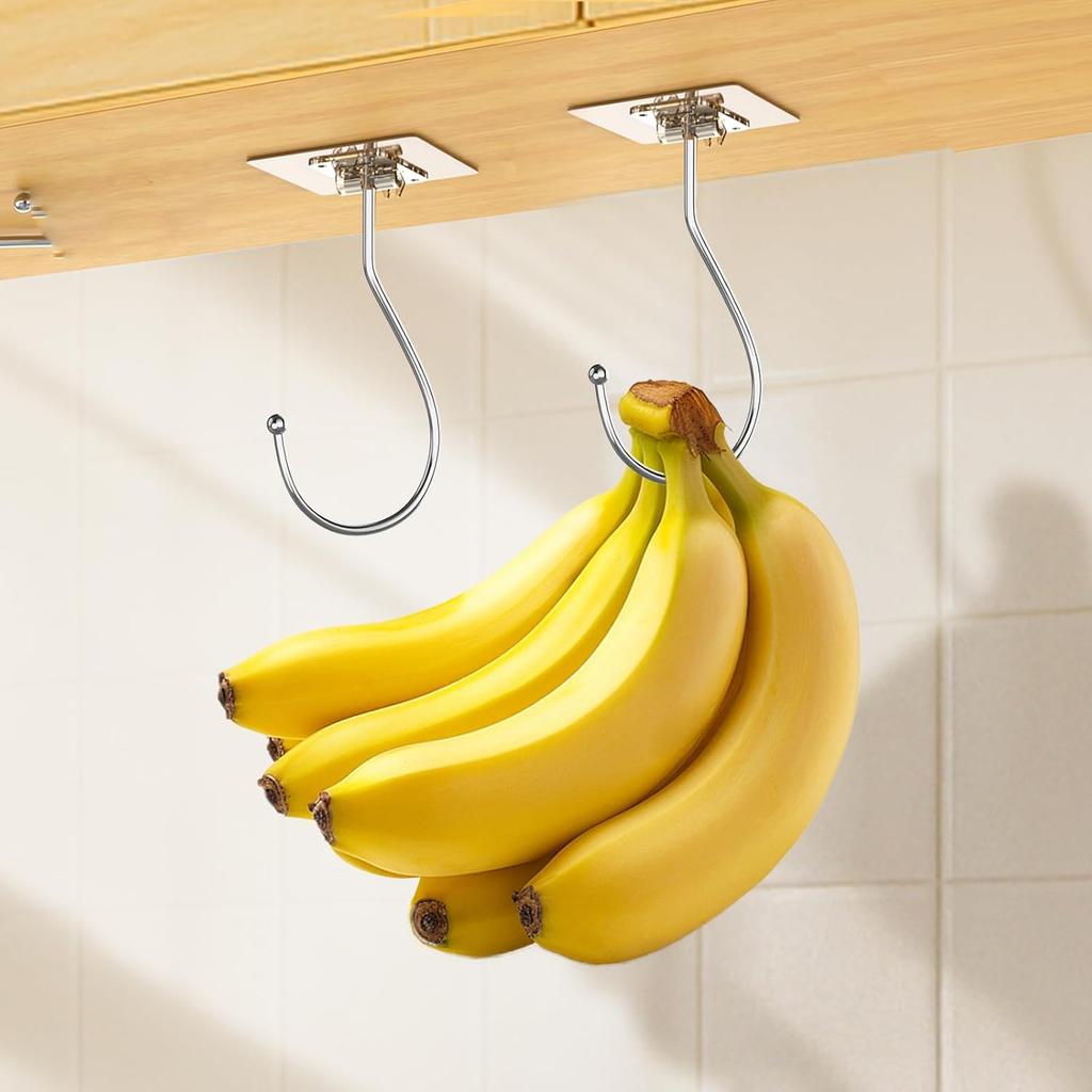 Self Adhesive Banana Hook Under Cabinet Foldable, 2 Pack Heavy Duty Metal Holder(13lb), Clear Banana Hanger Traceless, Keep Bananas Fresh & Kitchen