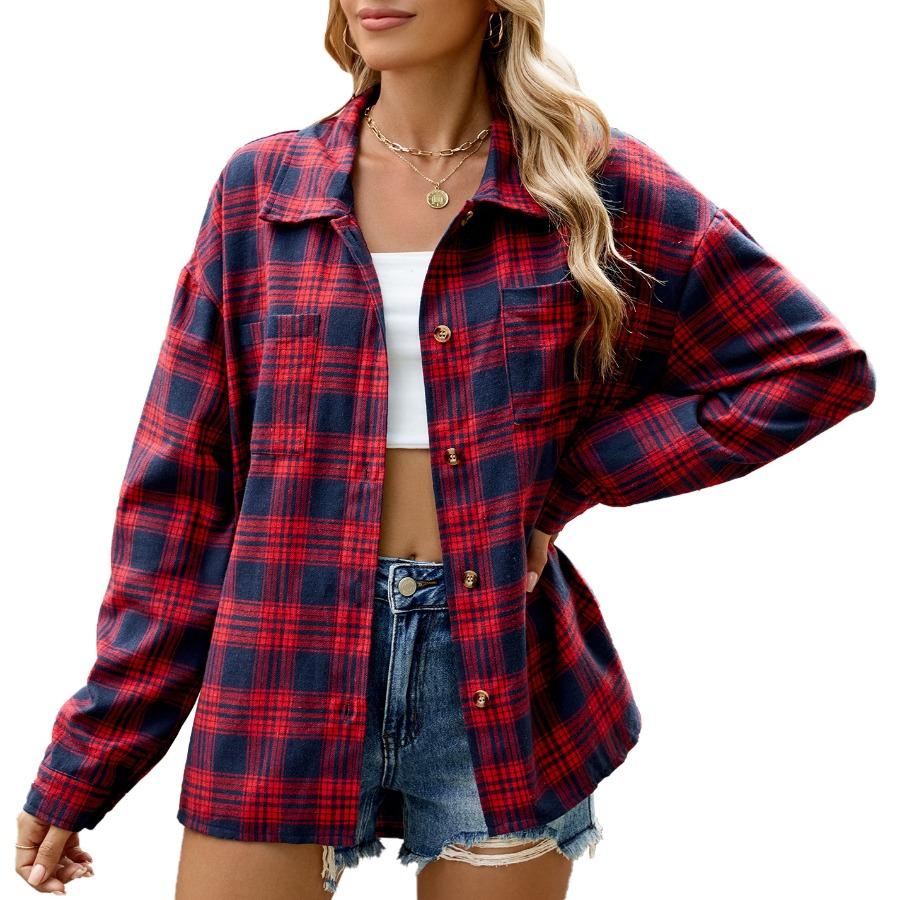 Autumn Winter Thick Long Shirts Lapel Long Sleeve Pocket Button Checkered Shirt Casual Plaid Blouse Jacket Top for Women