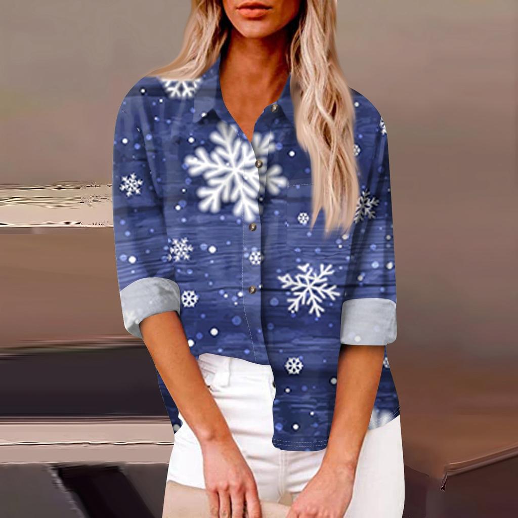 Женская свободная повседневная рубашка с длинными рукавами и рождественским принтом, кардиган с принтом и карманами