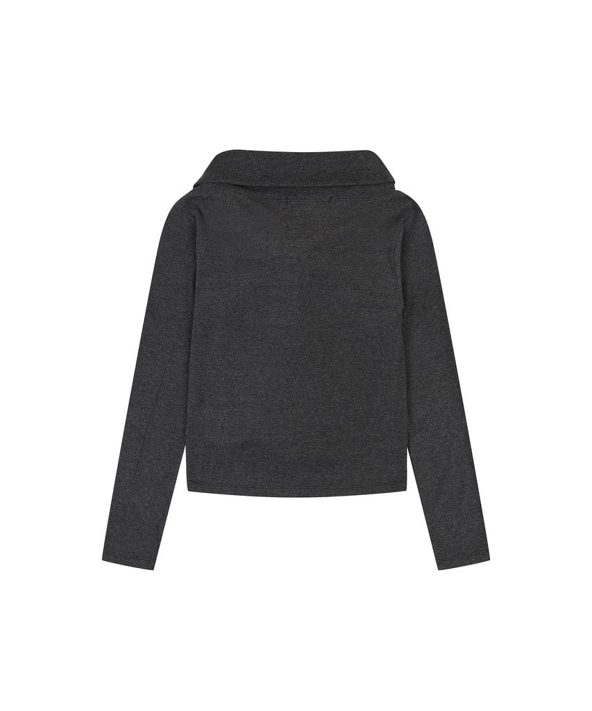 DELICCENT Ribbon Tie Off-Shoulder T-Shirt [Deep Gray]
