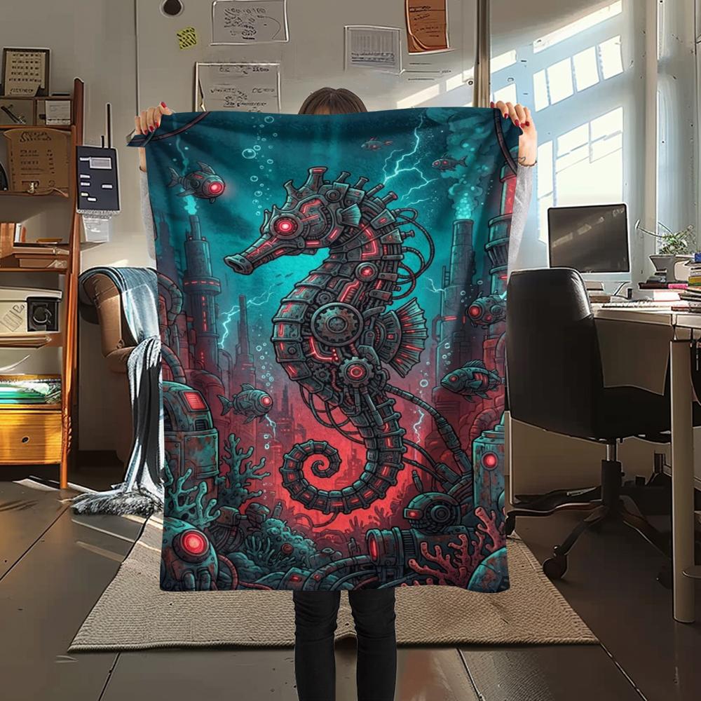 Red mechanical squid seahorse Print Flannel Blanket,High quality Comfortable for All Seasons,Home Decor,Warmth and Comfort,Perfect for Christmas Gifts