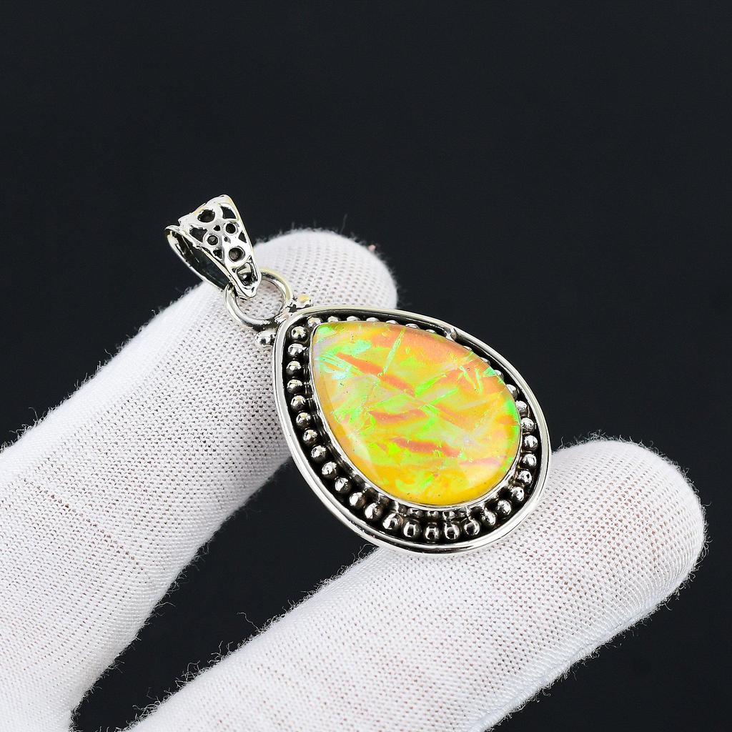 Yellow Triplet Fire Opal Gemstone Handmade 925 Sterling Silver Jewelry Pendant Yellow Triplet Fire Opal Gemstone Pendant For Gifts