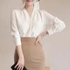 Women Korean Style V-neck Office Blouse 2025 Autumn Loose Tops Plus Size Summer Long Sleeve White Shirt Lady Solid Chiffon Blouse Female 9382