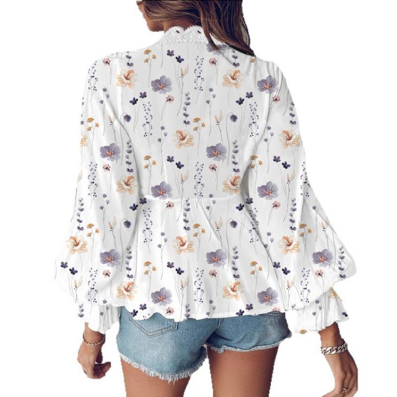 2025 Весна и Осень Новая Женская Рубашка с V-образным Вырезом и Кружевной Отделкой