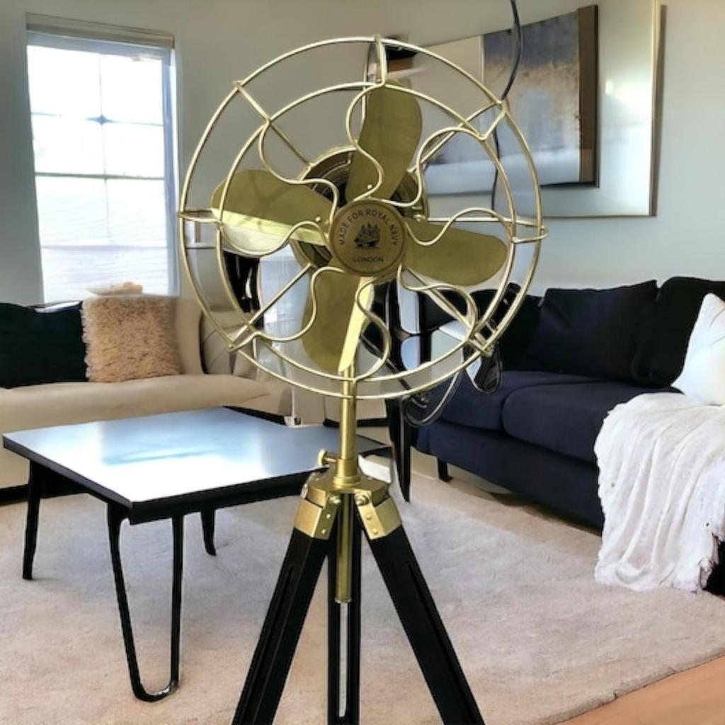 Pedestal Fan Brass Antique On Black Tripod Royal Navy Retro Modern Electric Industrial Floor Fan For Corner Home Decor Housewarming Gifts