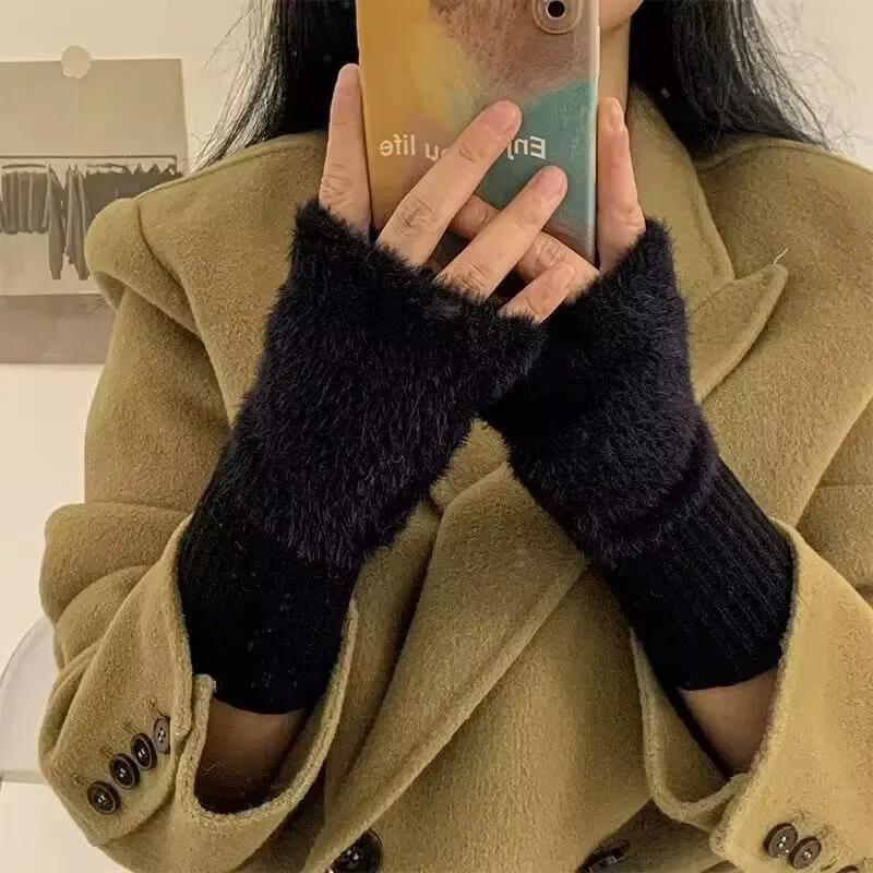 Модные Зимние Сенсорные Плюшевые Теплые Перчатки Женские Мужские Уличные Теплые Эластичные Меховые Варежки Шерстяные Без Пальцев