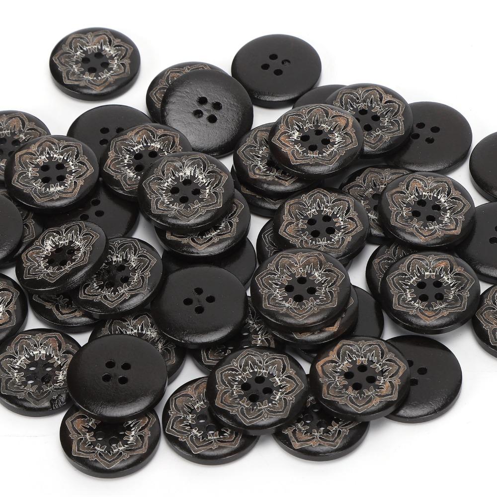 50pcs 4 Hole Wooden Buttons Carved Flowers Sewing Accessories Round Buttons For Sewing DIY