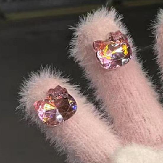 Мультяшные перчатки с котиком для девочек, милые плюшевые перчатки с кошкой, пушистые теплые перчатки со стразами в виде кошачьей головы для женщин, для зимы, для повседневных дел