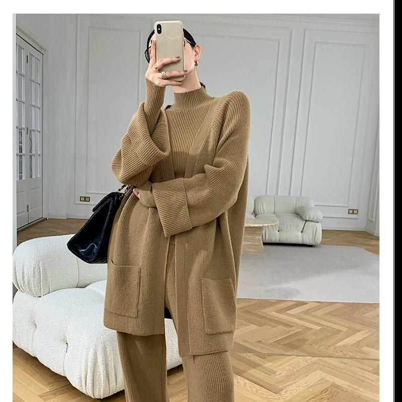 Женский весенне-осенний и зимний повседневный комплект из трикотажных брюк, однотонное утепленное пальто + широкие брюки, комплект из трех предметов
